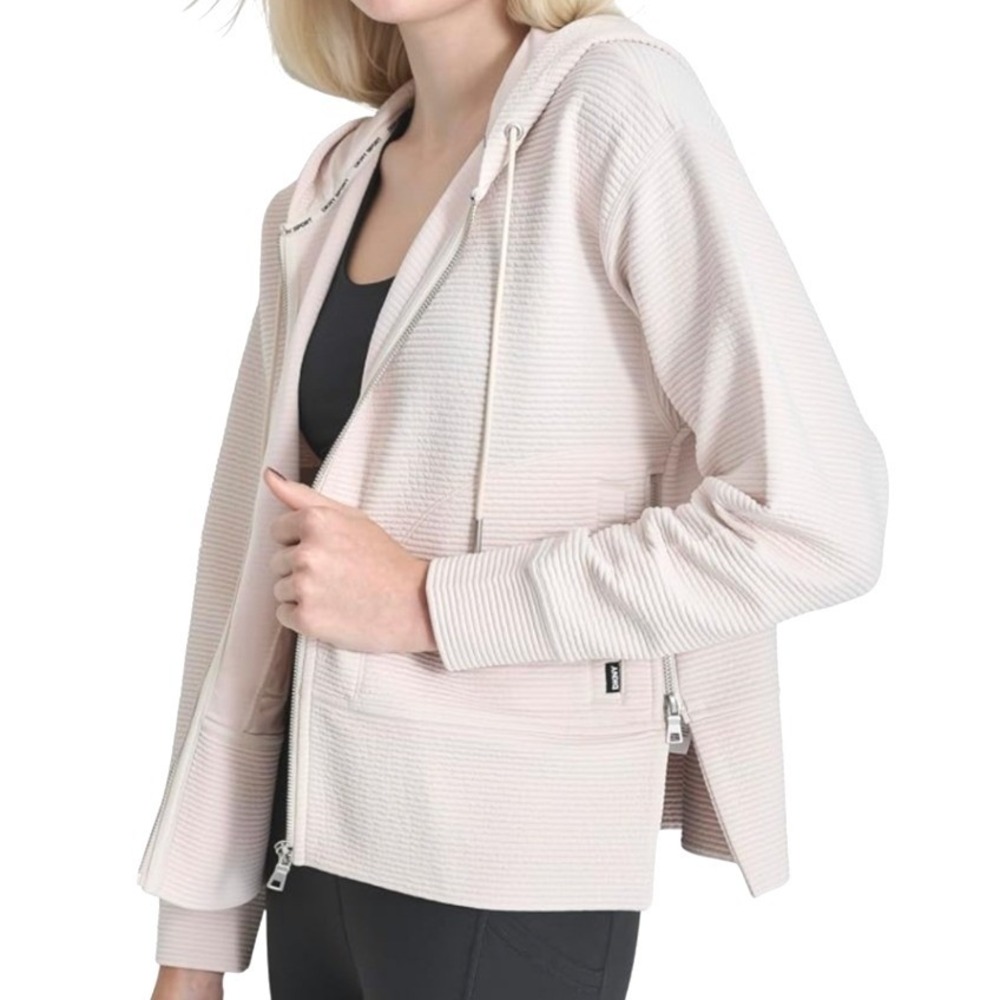 DKNY NWT Sport Womens Ottoman Full Zip Hoodie Sand Ribbed Modern Jacket Size L